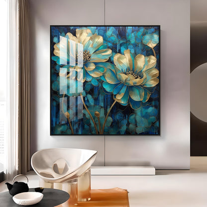 Flowers With Gold & Blue Leaves Premium Acrylic Square Wall Art