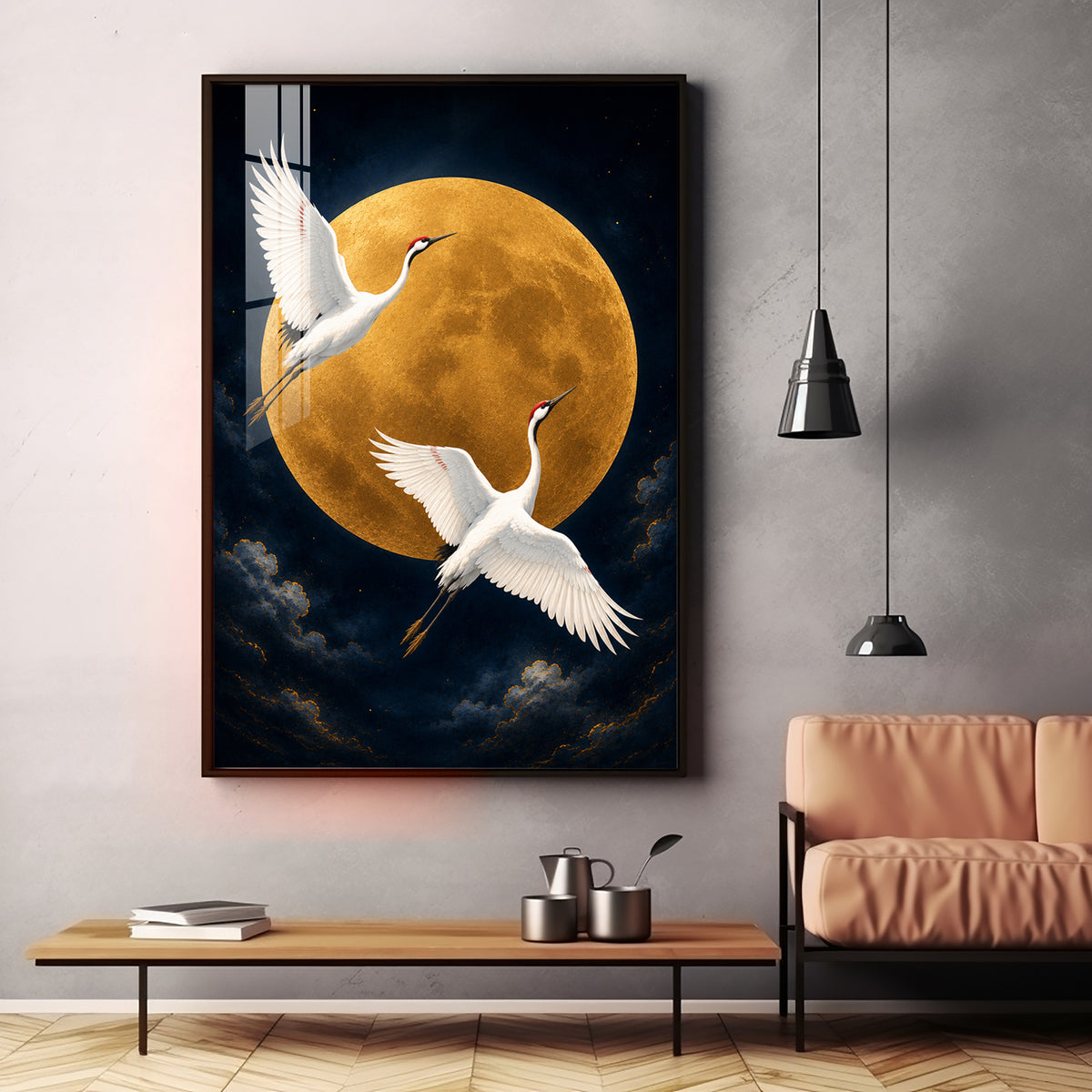 Golden Full Moon & Flying Cranes Premium Acrylic Vertical Wall Art