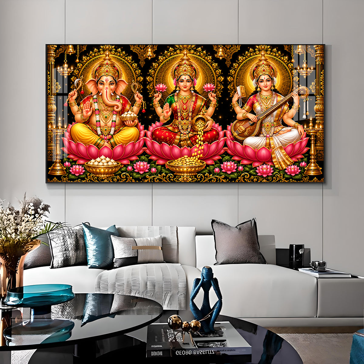 Hindu Lord Ganesha, Goddess Lakshmi, and Goddess Saraswati Premium Acrylic Horizontal Wall Art