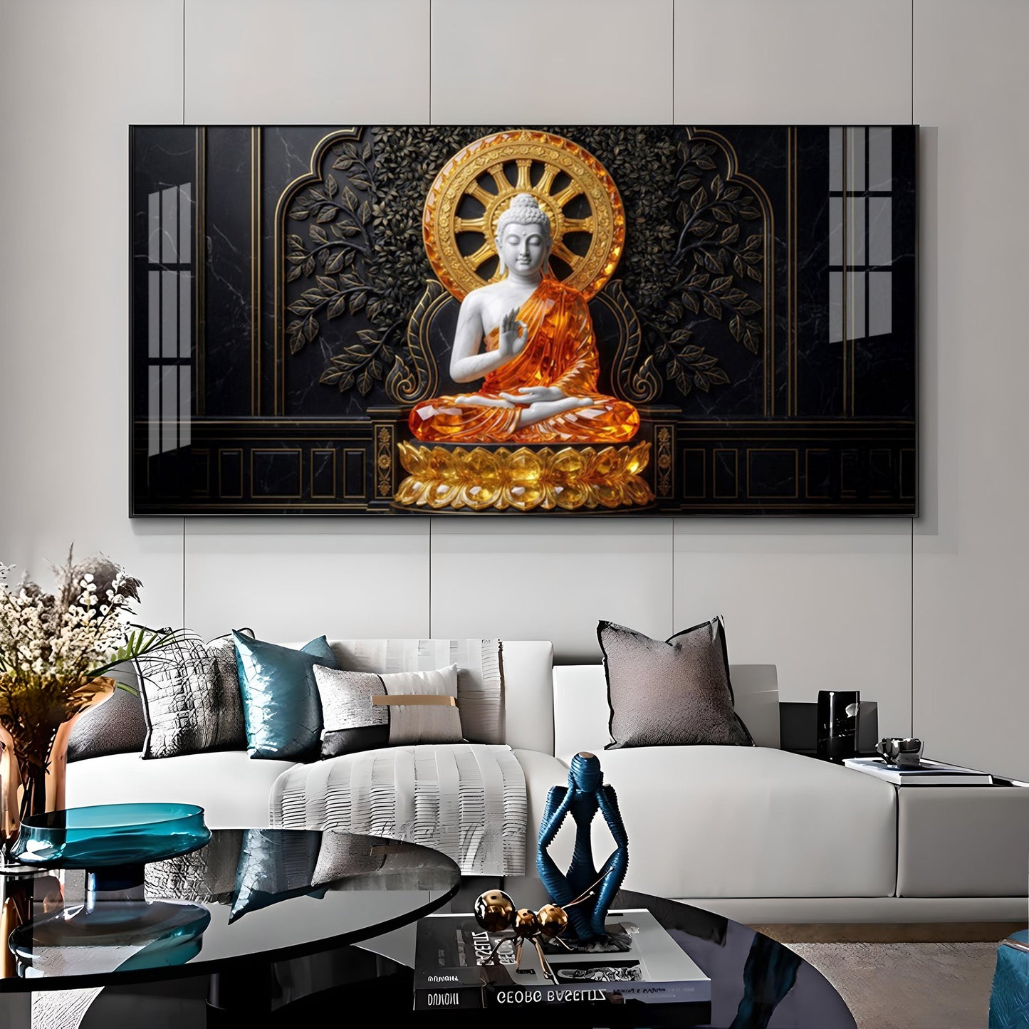 Buddha Meditating Gold & White Premium Acrylic Horizontal Wall Art