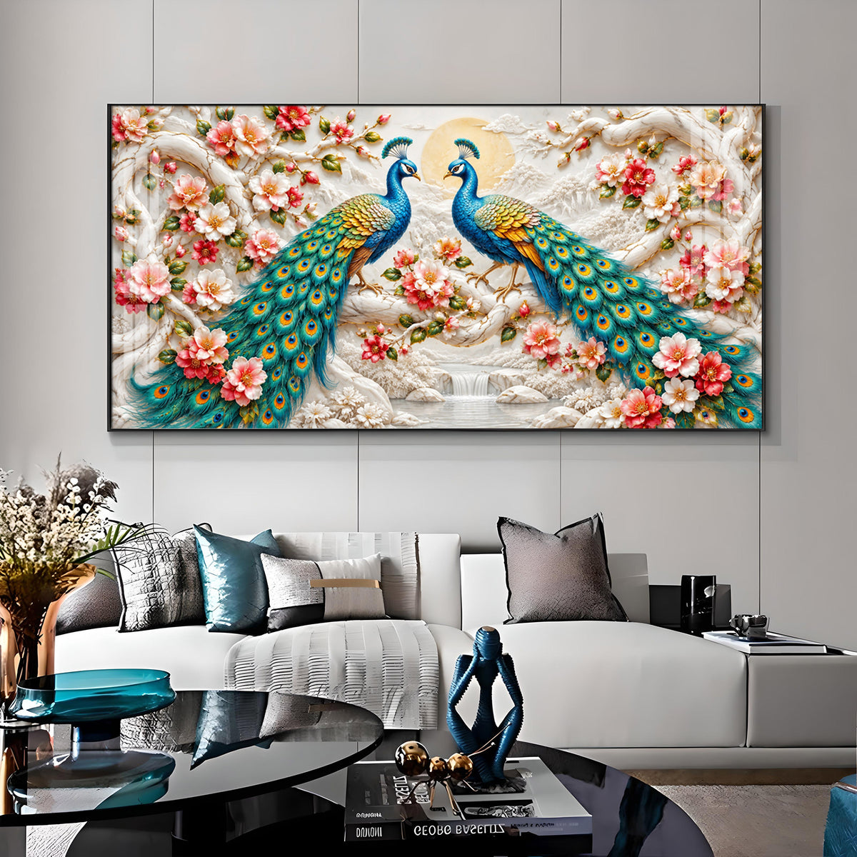 Pair of Peacocks With Flower Premium Acrylic Horizontal Wall Art
