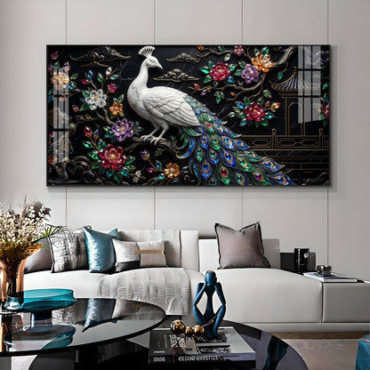 White Peacock With Colorful Background Premium Acrylic Horizontal Wall Art