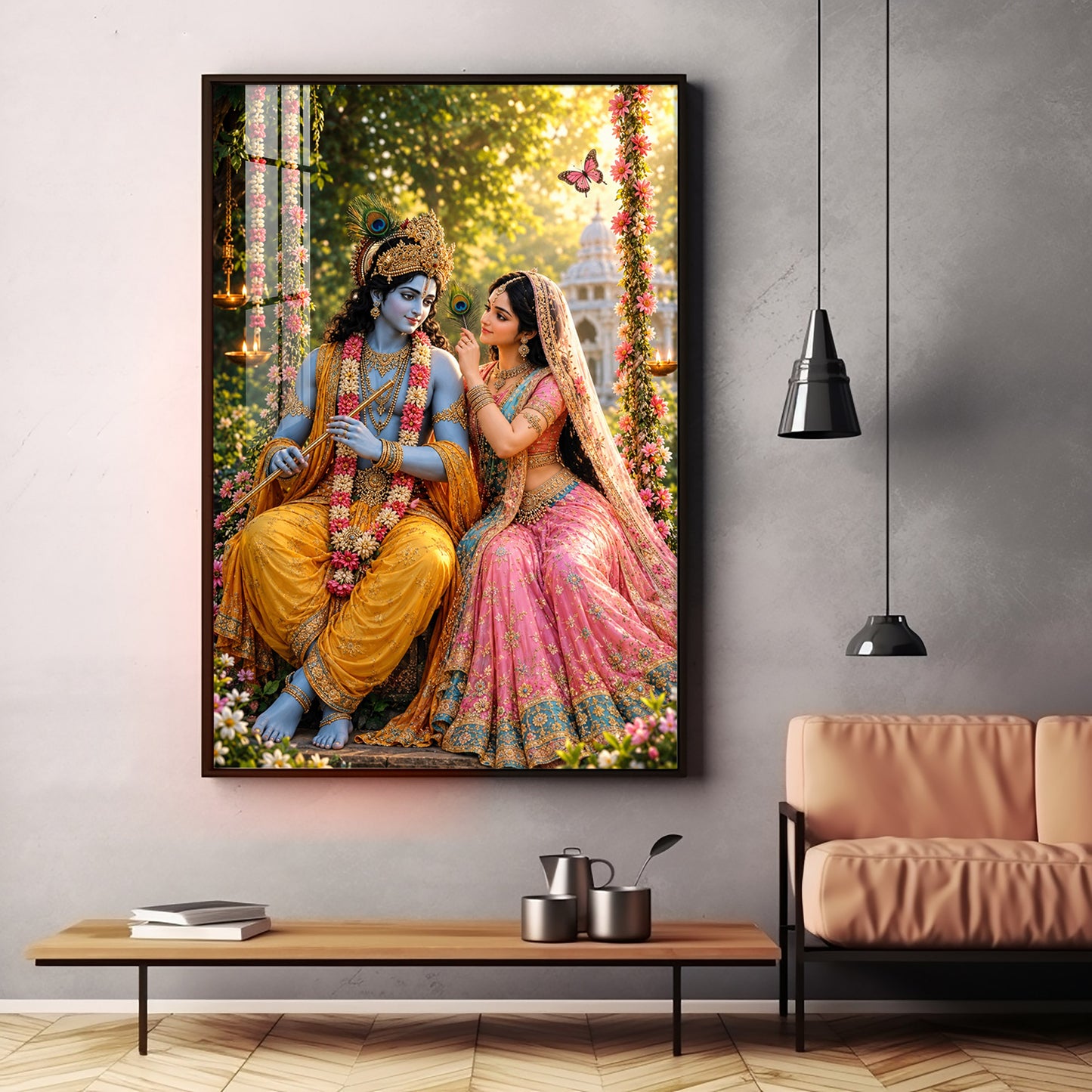 Lord Krishna Holding A Flute With Radha Premium Acrylic Vertical Wall Art