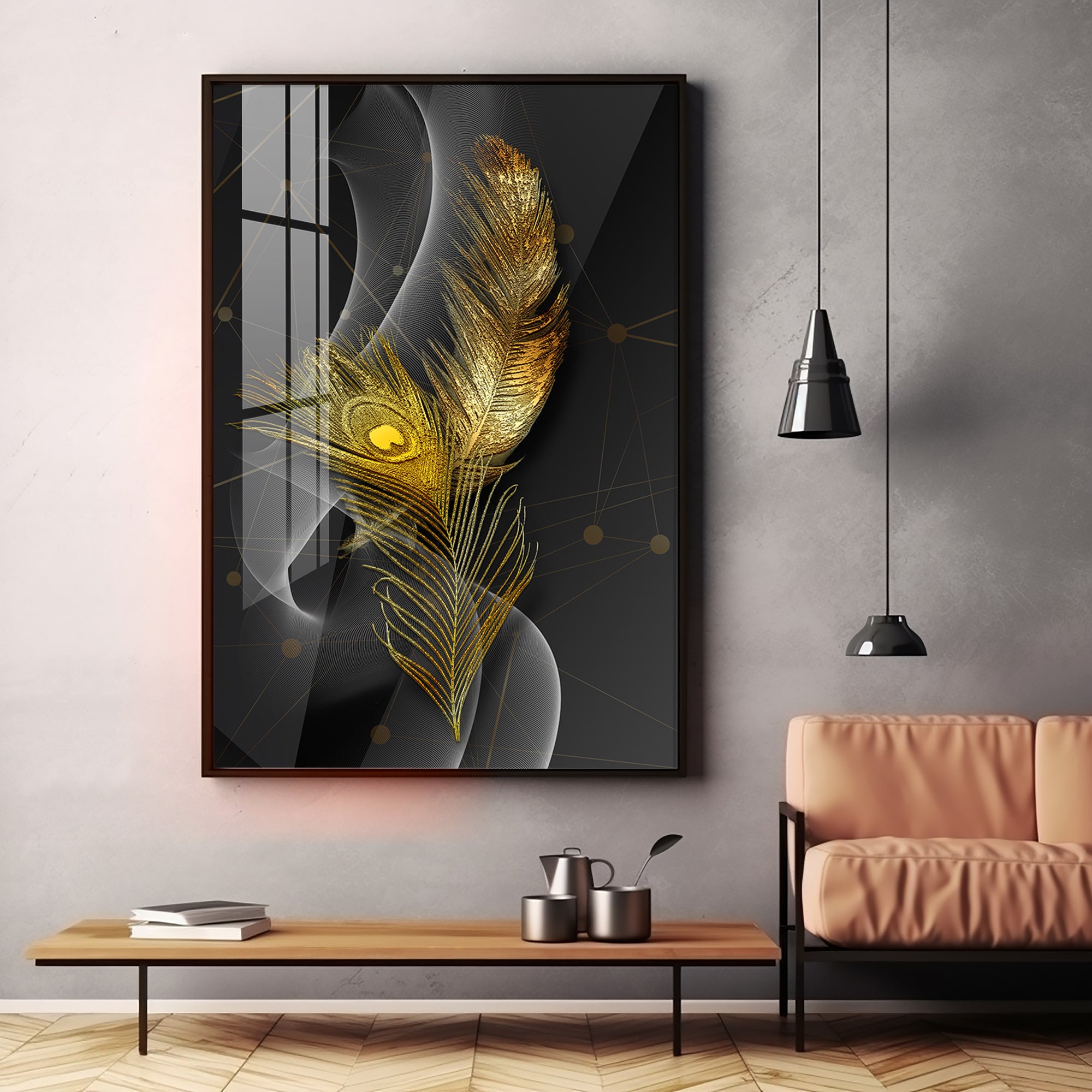 Golden Elegance Feather Premium Acrylic Vertical Wall Art