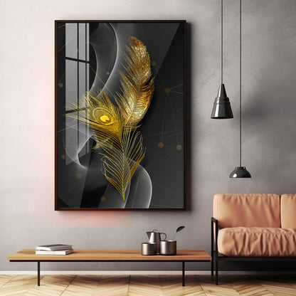 Golden Elegance Feather Premium Acrylic Vertical Wall Art