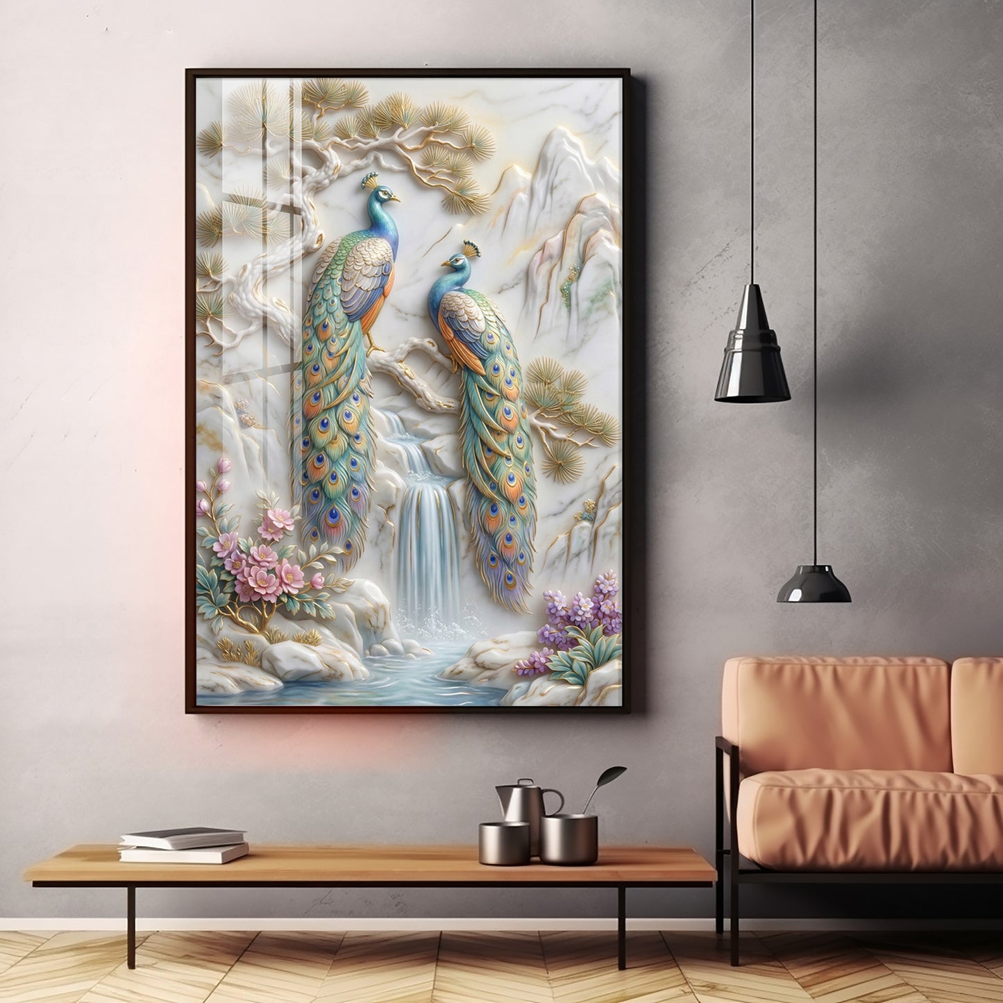 Amazing Two Peacocks Premium Acrylic Vertical Wall Art