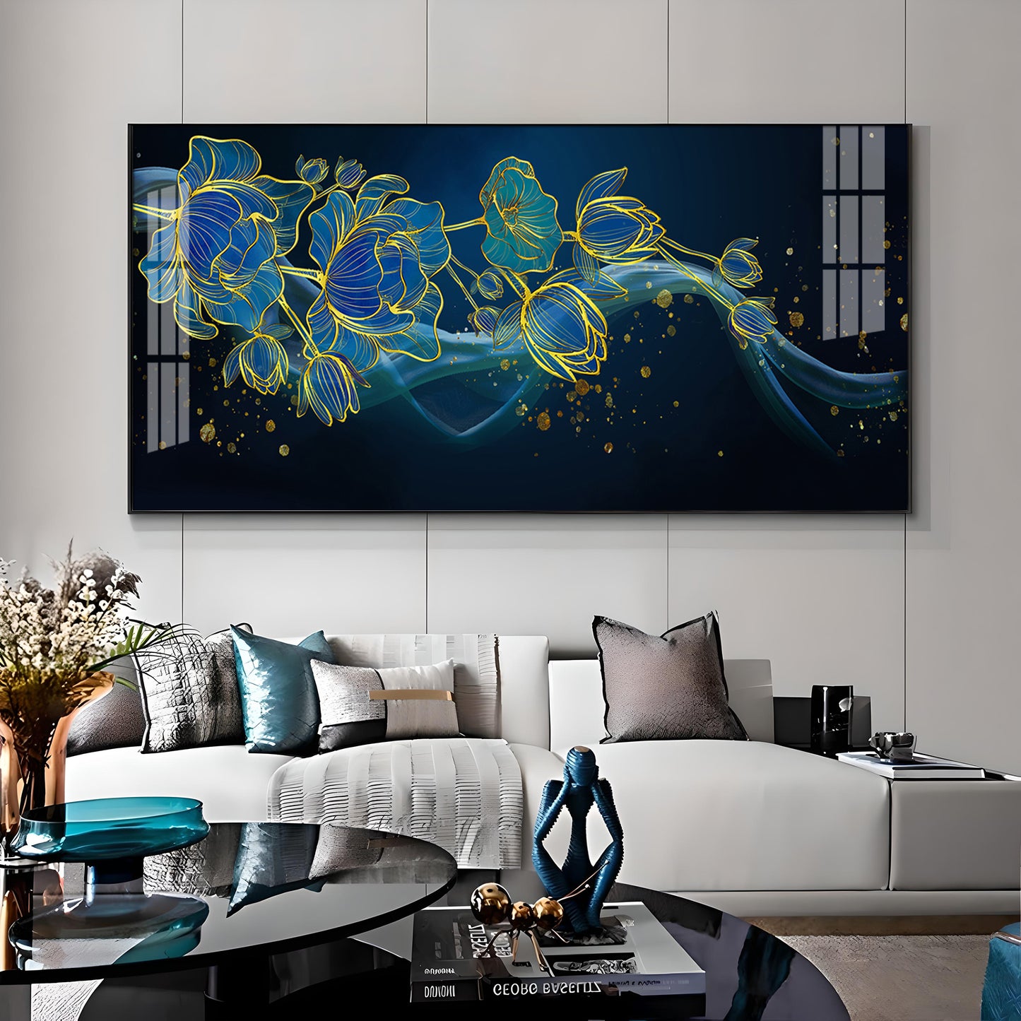 Lotus Flowers In Blue Tones Premium Acrylic Horizontal Wall Art