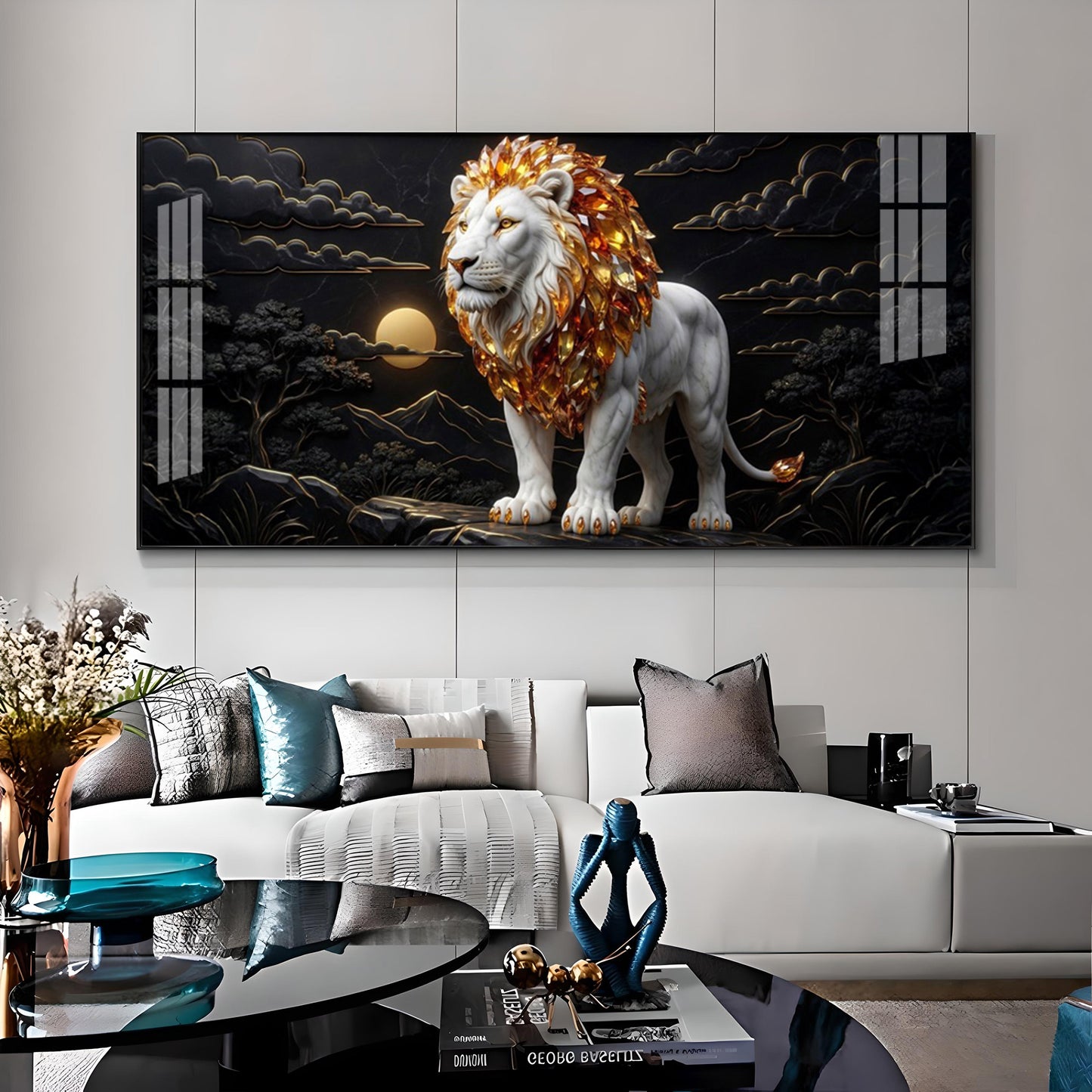 Majestic White & Gold Lion Premium Acrylic Horizontal Wall Art