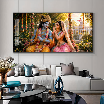 Krishna With Radha Seated Together Premium Acrylic Horizontal Wall Art