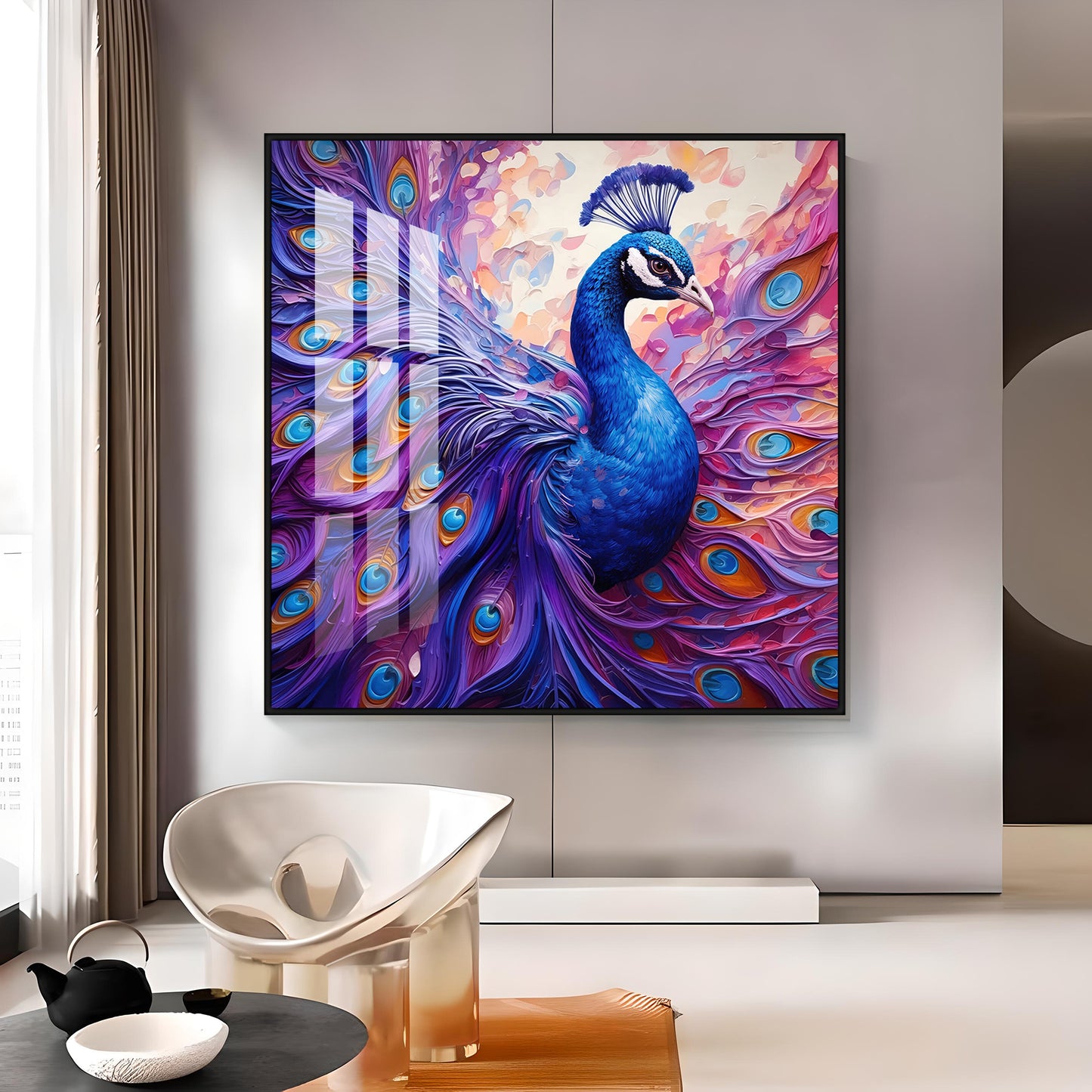 Vibrant Peacock With Feathers Premium Acrylic Square Wall Art