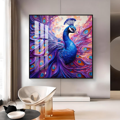 Vibrant Peacock With Feathers Premium Acrylic Square Wall Art