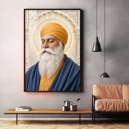 Guru Nanak Devji in Yellow Turban Premium Acrylic Vertical Wall Art