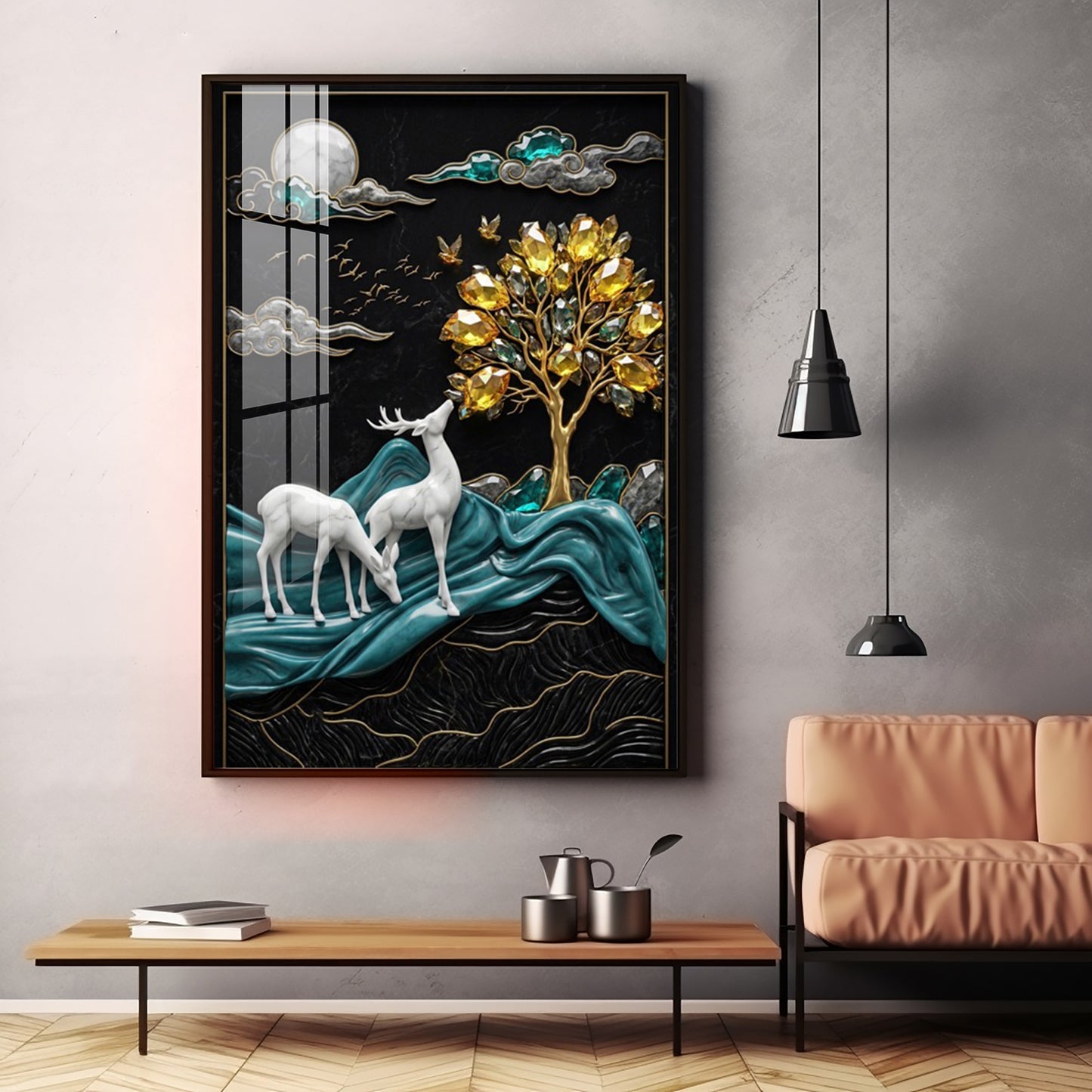 White Deers With Golden Tree Premium Acrylic Vertical Wall Art