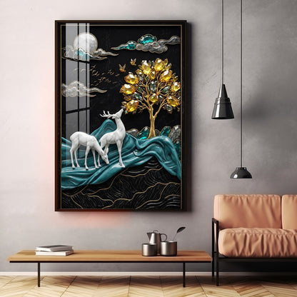 White Deers With Golden Tree Premium Acrylic Vertical Wall Art