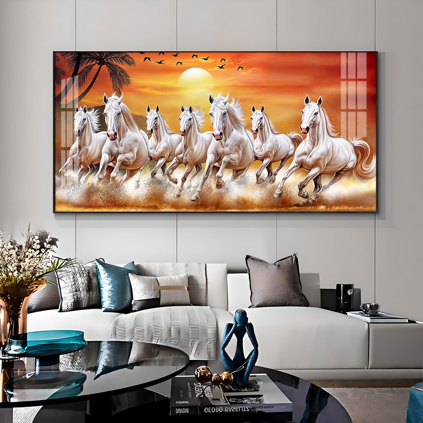 7 White Running Horses in The Sea With Sunrise Premium Acrylic Horizontal Wall Art