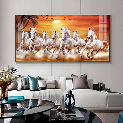 7 White Running Horses in The Sea With Sunrise Premium Acrylic Horizontal Wall Art
