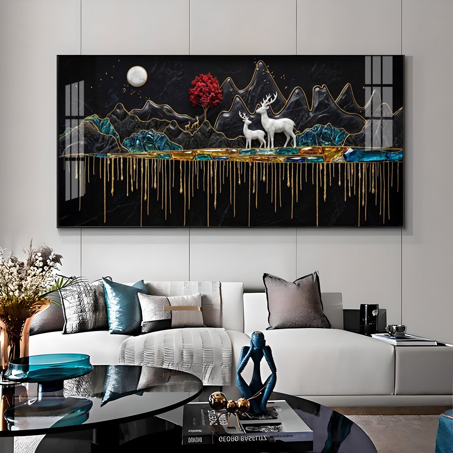 Nature's Gold With Deer in the Mountains Premium Acrylic Horizontal Wall Art