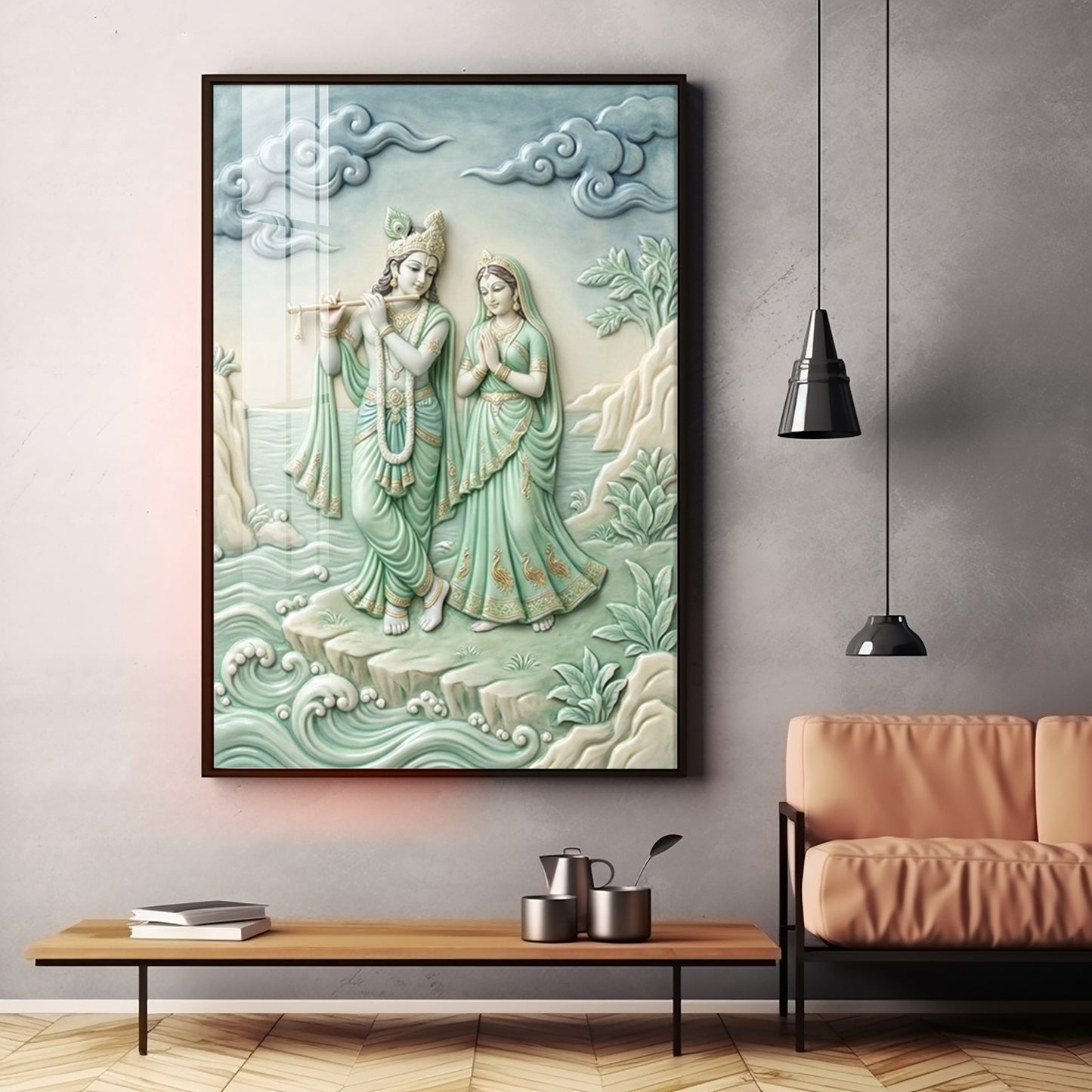 Krishna Playing The Flute Beside Radha Premium Acrylic Vertical Wall Art