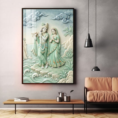 Krishna Playing The Flute Beside Radha Premium Acrylic Vertical Wall Art