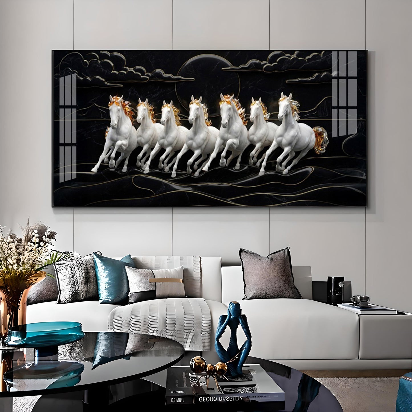 White Seven Horses in the Dark Premium Acrylic Horizontal Wall Art