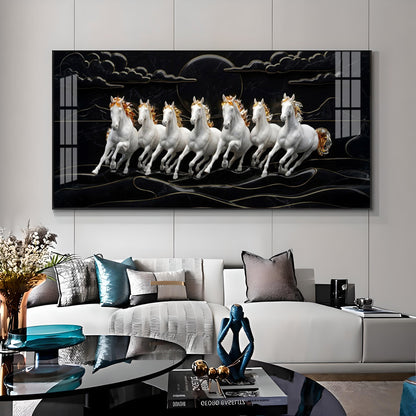 White Seven Horses in the Dark Premium Acrylic Horizontal Wall Art