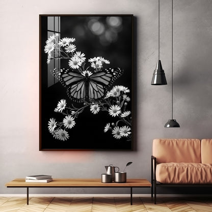 Elegant Black & White Butterfly & Floral Premium Acrylic Vertical Wall Art