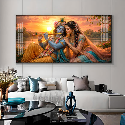 Radha & Krishna Sitting Tranquil Lakeside Premium Acrylic Horizontal Wall Art
