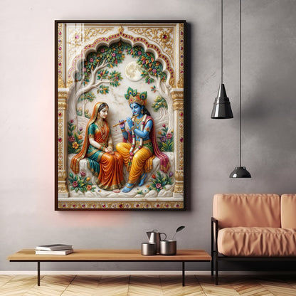 Depiction Of Krishna With Radha Premium Acrylic Vertical Wall Art