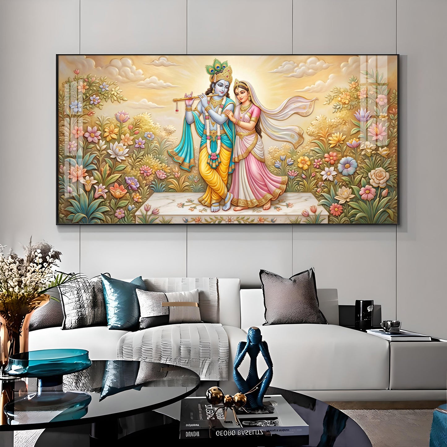 Radha Krishna Surrounded By Flowers Premium Acrylic Horizontal Wall Art