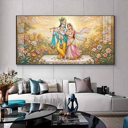 Radha Krishna Surrounded By Flowers Premium Acrylic Horizontal Wall Art