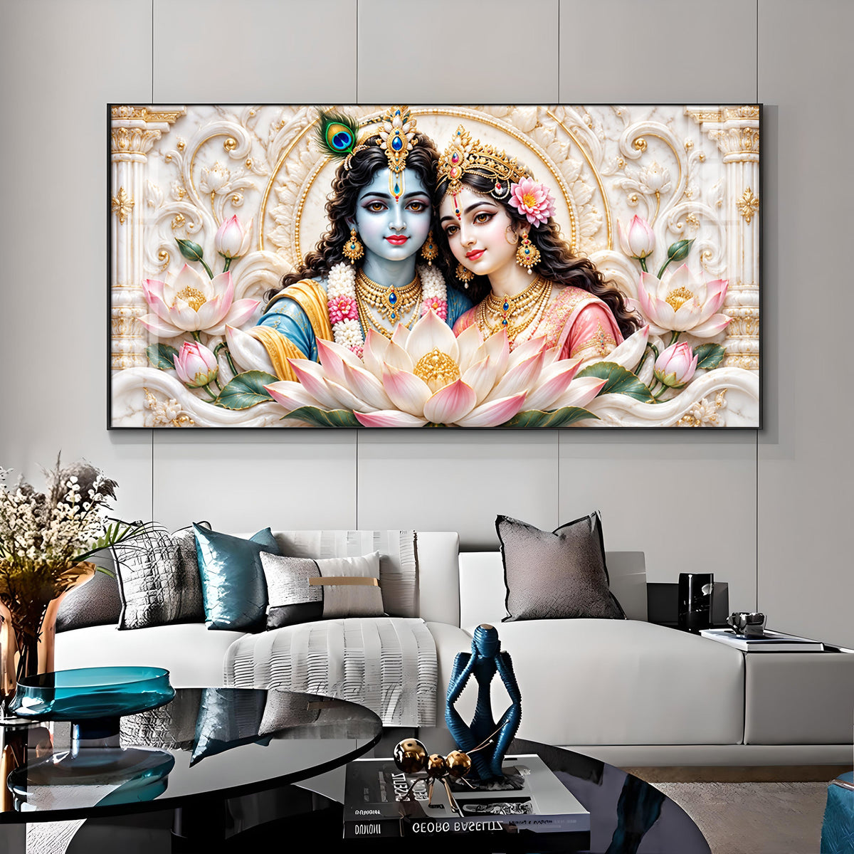 Radha Krishna With Lotus Premium Acrylic Horizontal Wall Art
