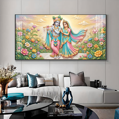Krishna Playing The Flute Beside Radha Premium Acrylic Horizontal Wall Art