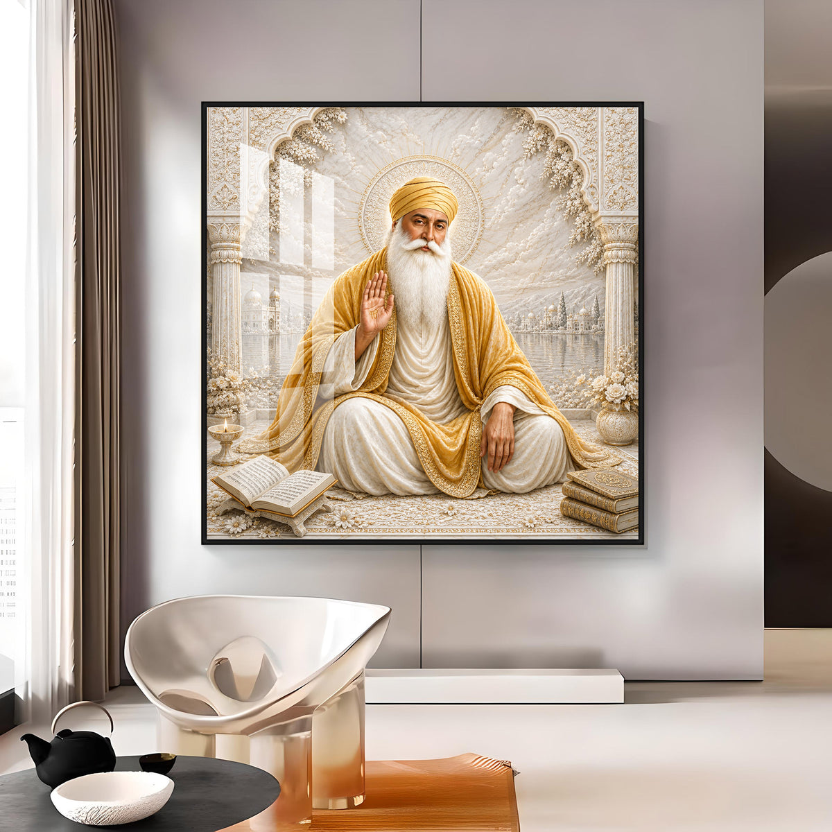 Guru Nanak Devji In Golden Shawl Premium Acrylic Square Wall Art