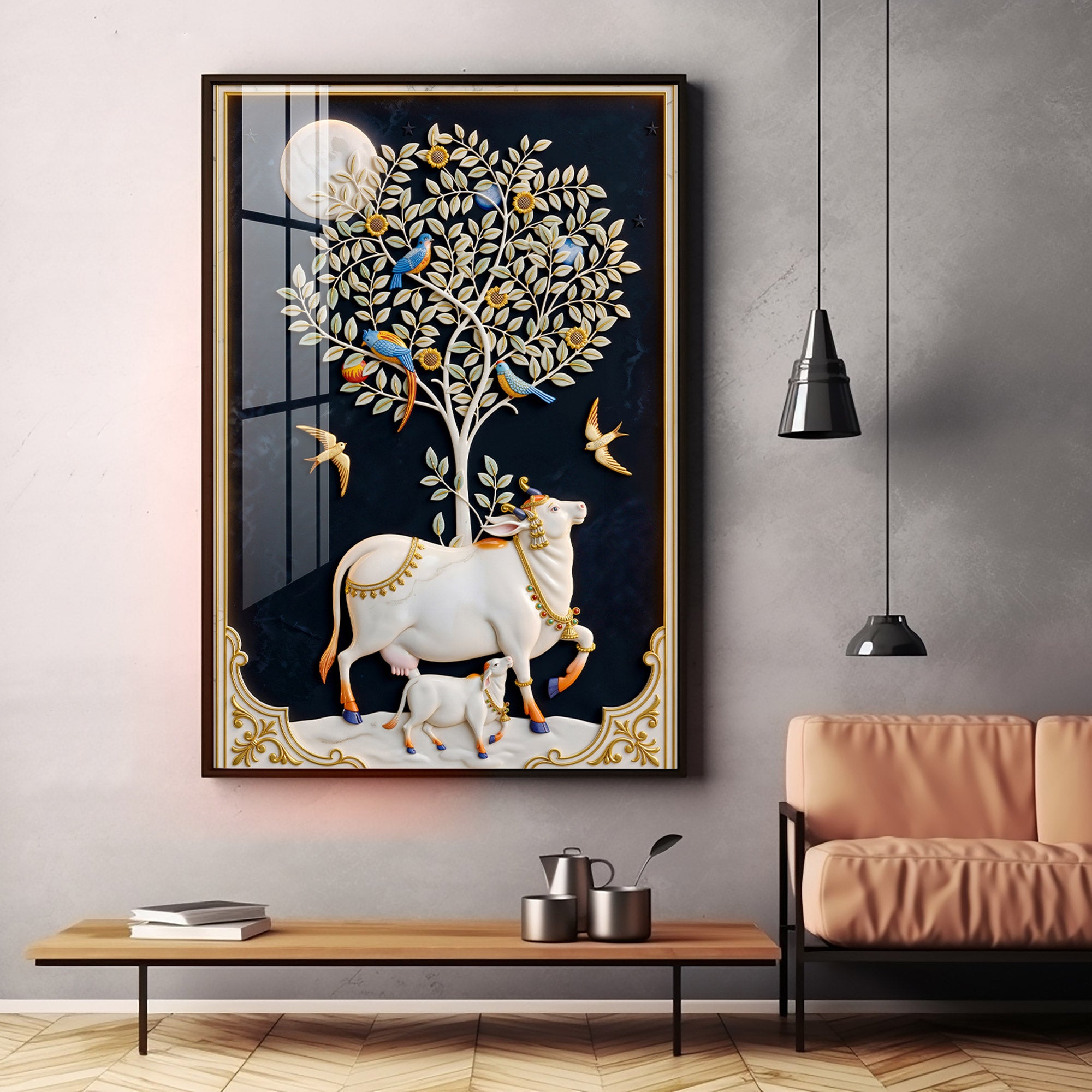 Kamdhenu Cow Premium Acrylic Vertical Wall Art