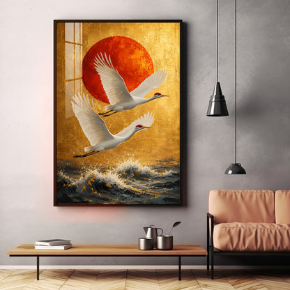 Cranes Over the Ocean & Red Sun Premium Acrylic Vertical Wall Art