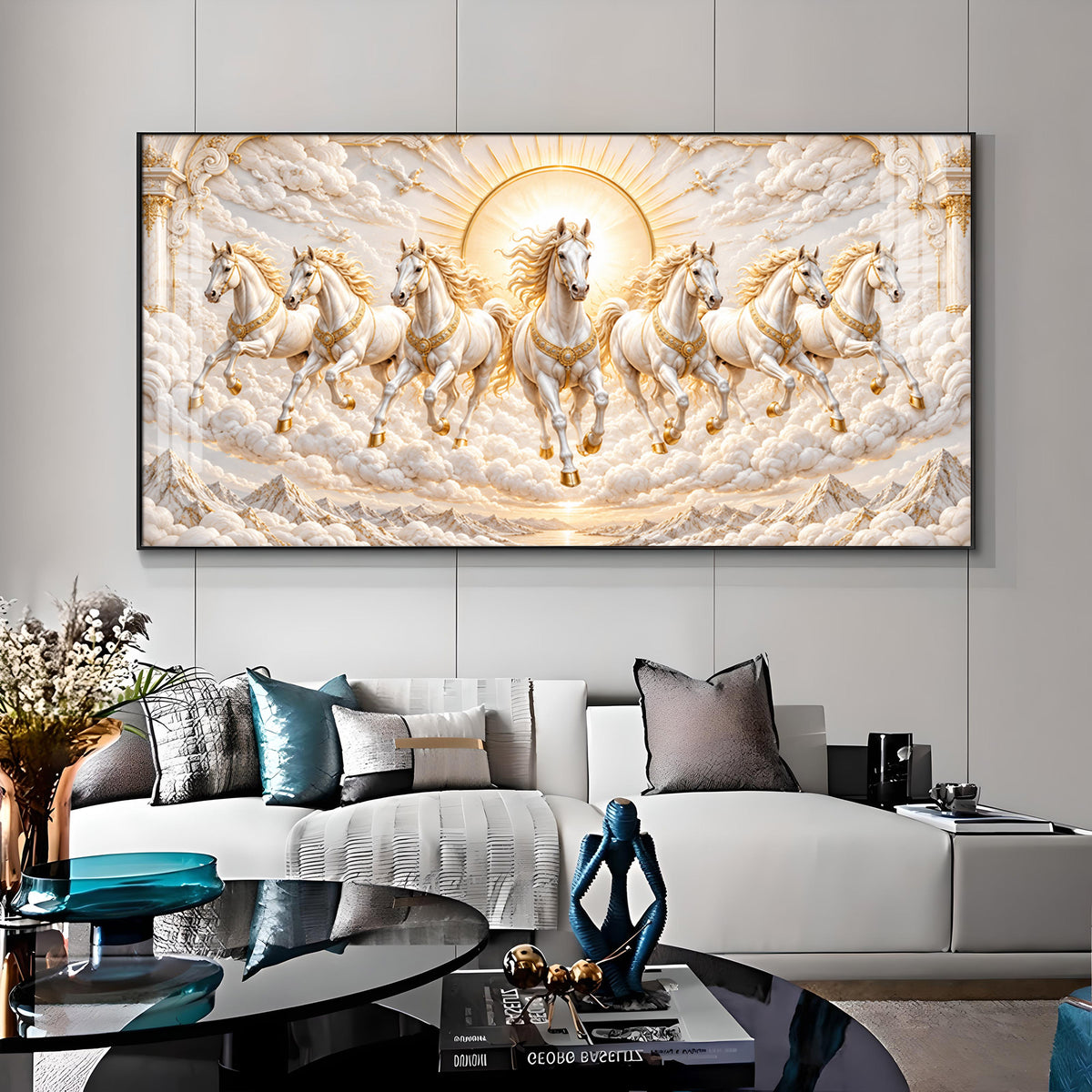 Seven Golden White Horses Premium Acrylic Horizontal Wall Art