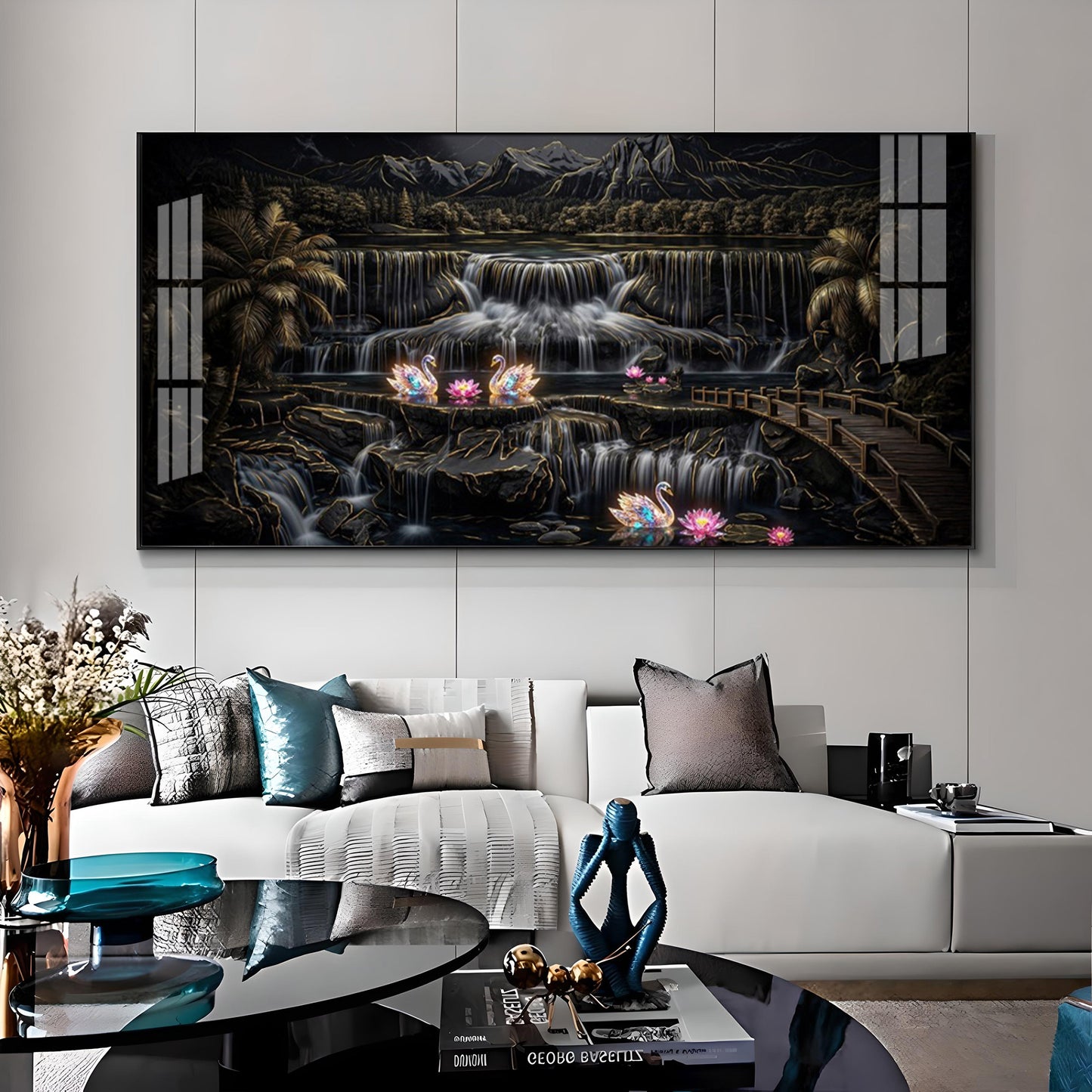 Multi-Tiered Waterfalls Swan Lake Premium Acrylic Horizontal Wall Art