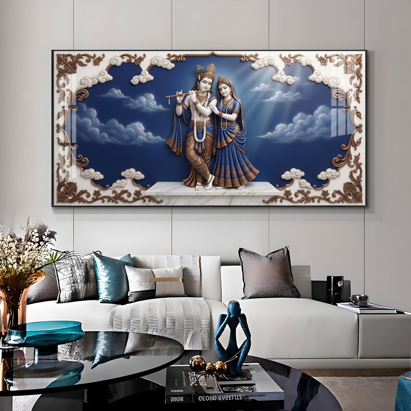 Radha Krishna Surrounded With Blue Backdrop Premium Acrylic Horizontal Wall Art