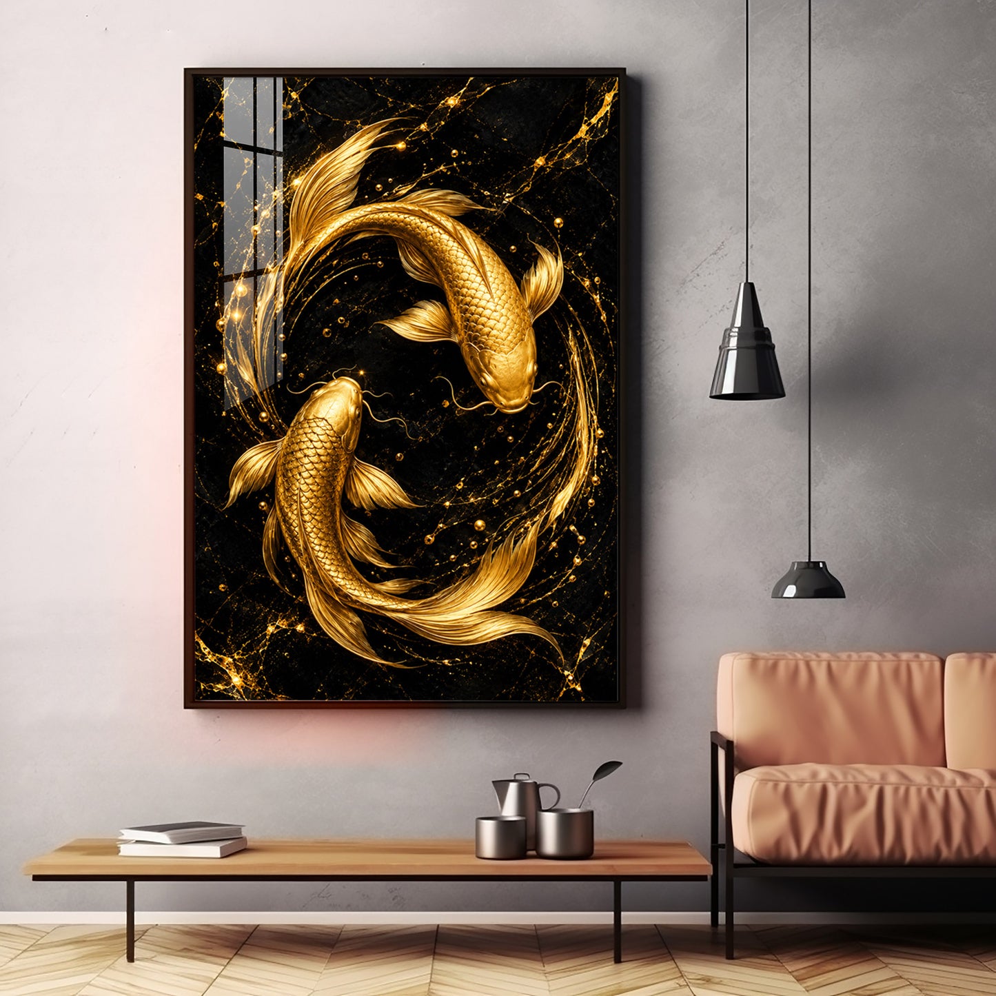 Two Luminous Golden Koi Premium Acrylic Vertical Wall Art