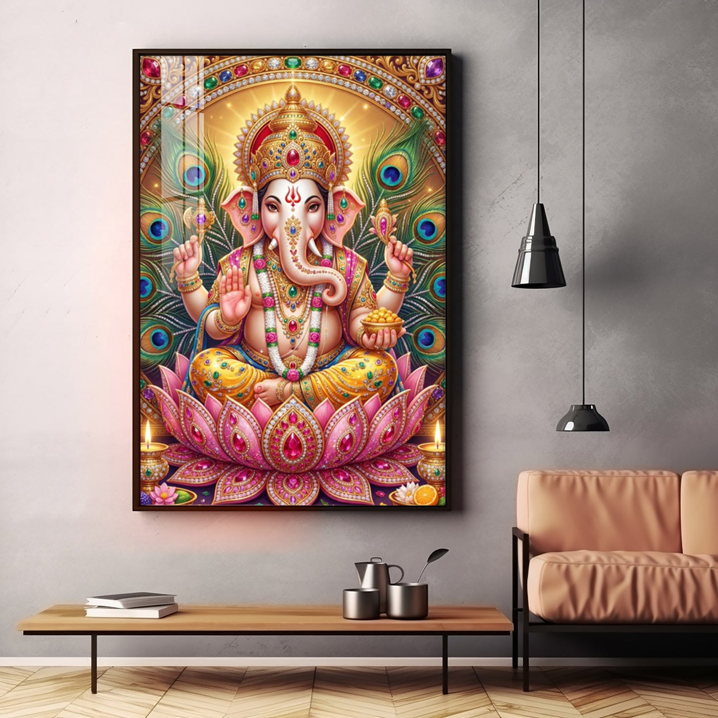 Lord Ganesha With Pink Lotus Premium Acrylic Vertical Wall Art