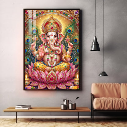 Lord Ganesha With Pink Lotus Premium Acrylic Vertical Wall Art