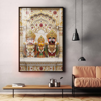 Divine Jagannath, Balabhadra and Subhadra Premium Acrylic Vertical Wall Art