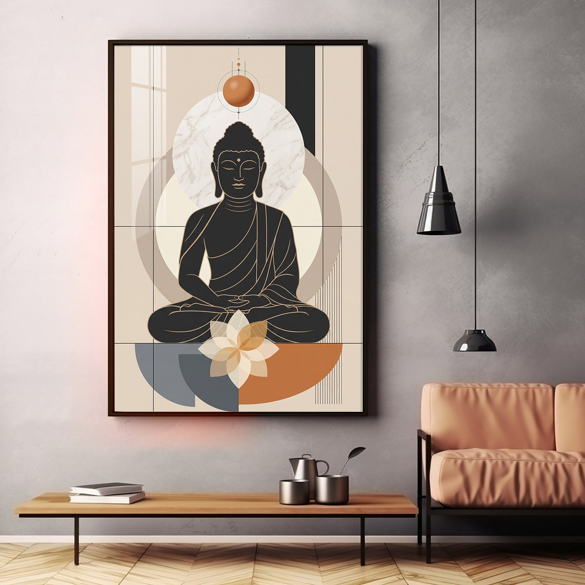 Minimal Black Buddha & Lotus Premium Acrylic Vertical Wall Art