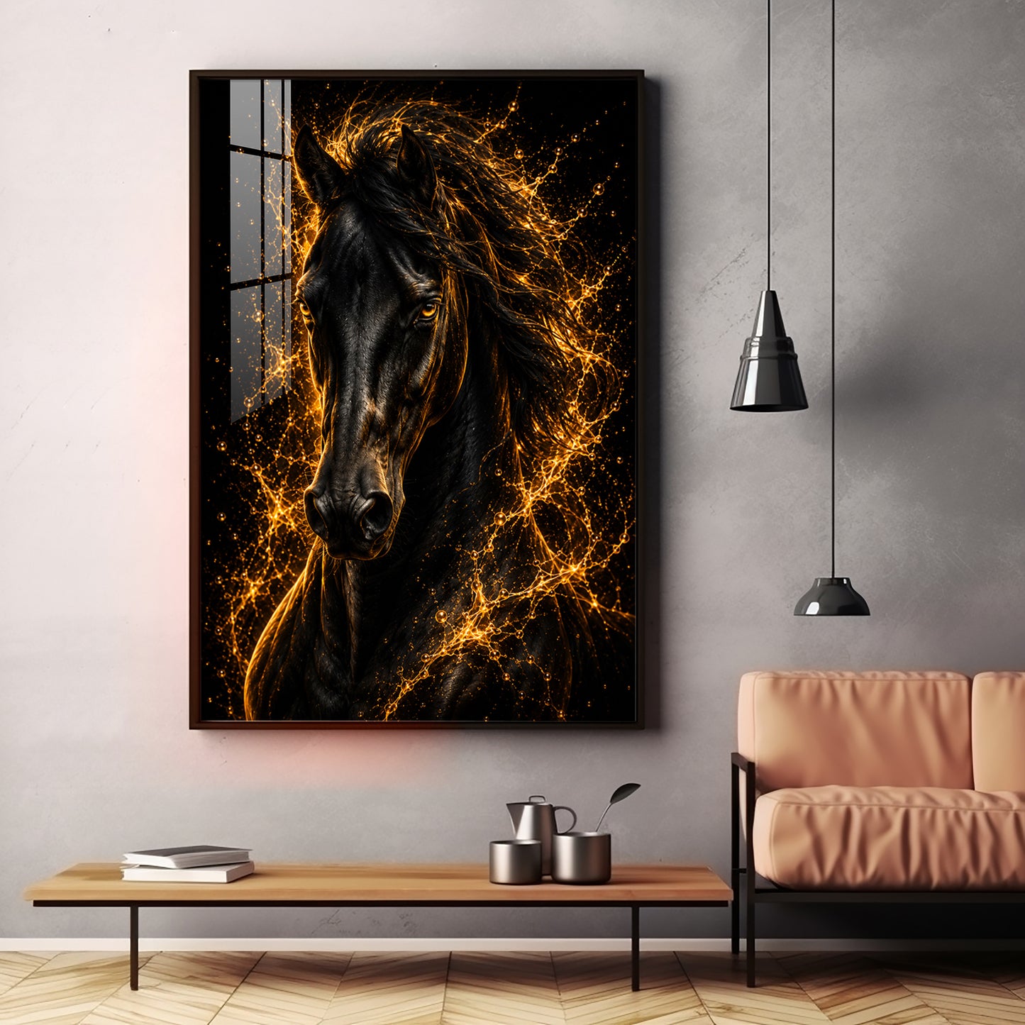 Fiery Golden Black Stallion Premium Acrylic Vertical Wall Art