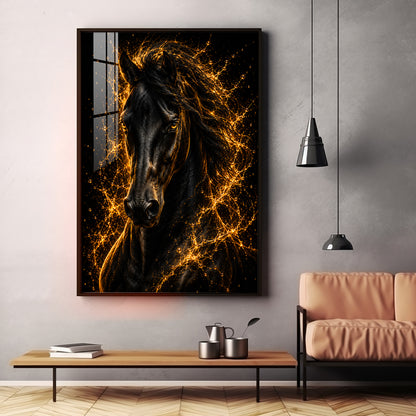 Fiery Golden Black Stallion Premium Acrylic Vertical Wall Art