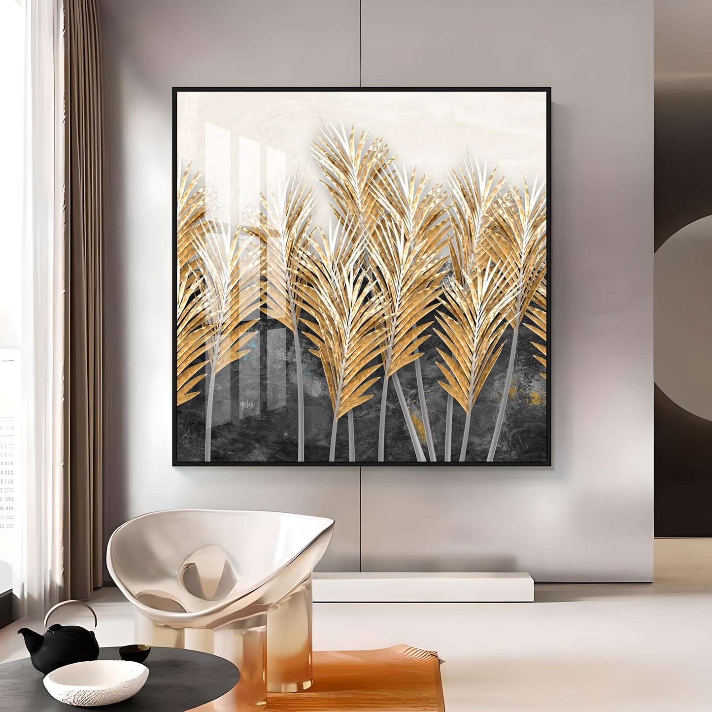 Golden Leafs Plant Premium Acrylic Square Wall Art