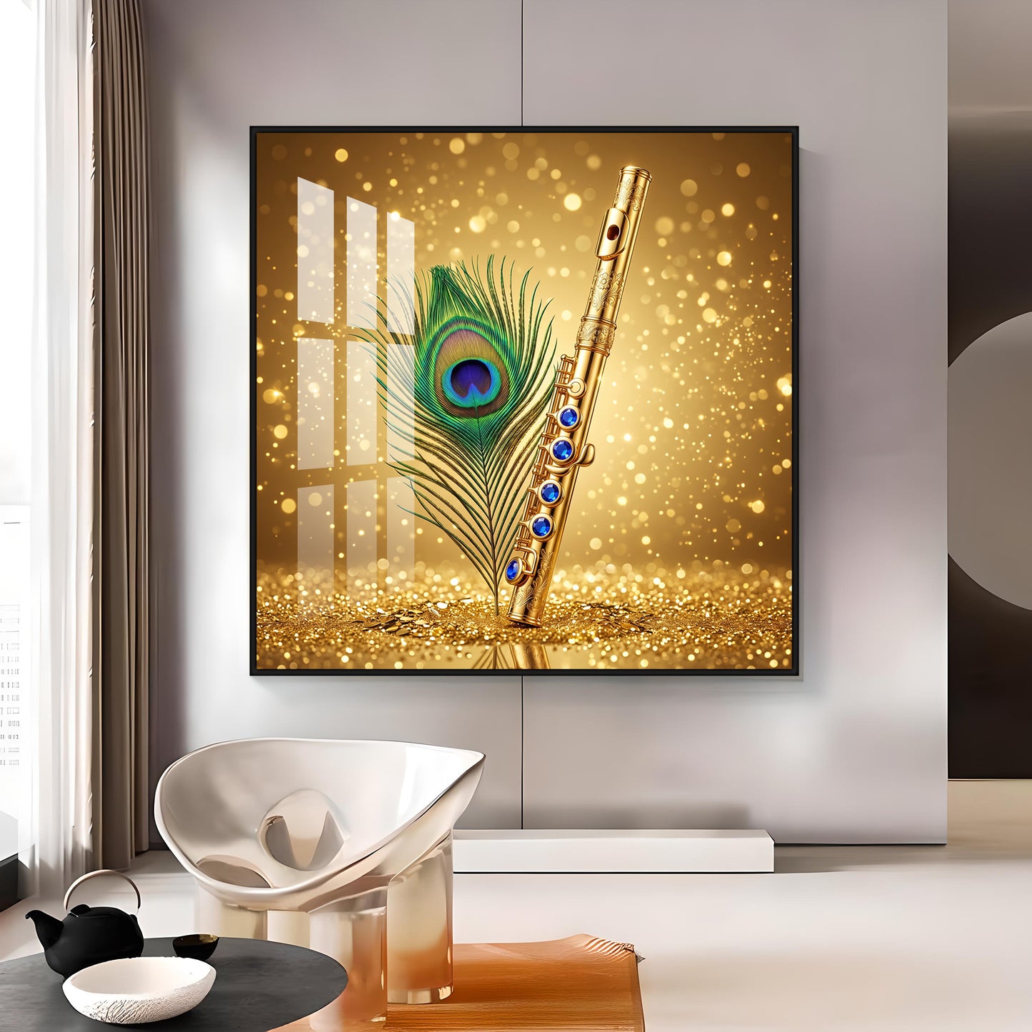 Flute With Peacock Feather Premium Acrylic Square Wall Art