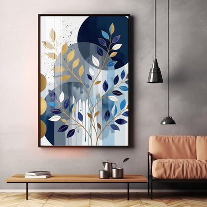 Colourfull Leaves Against Blue & Gold Circles Premium Acrylic Vertical Wall Art