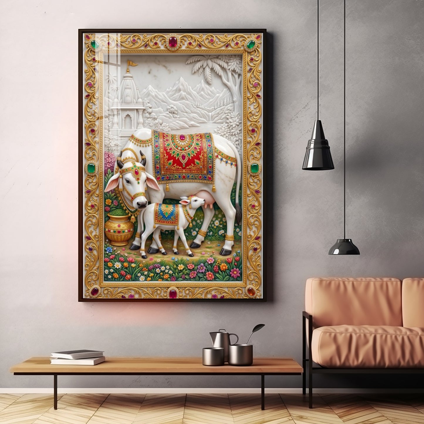 Sacred Kamdhenu Cow Premium Acrylic Vertical Wall Art