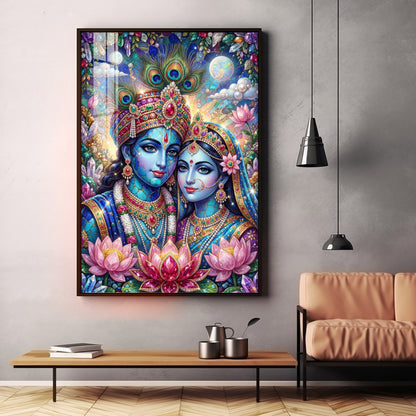 Radha Krishna With Blooming Lotus Flowers Premium Acrylic Vertical Wall Art
